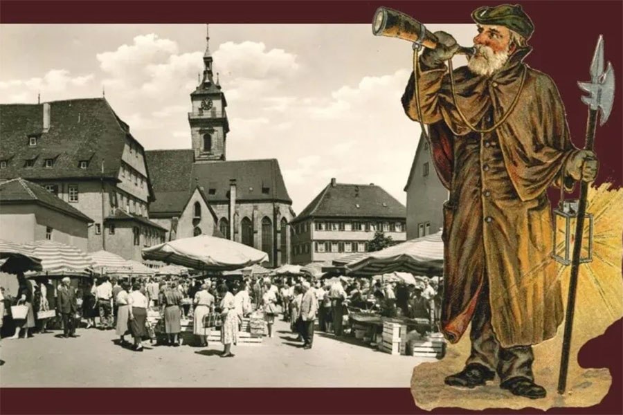 Wochenmarkt auf dem Cannstatter Marktplatz, um 1960, und "Cannstatter" Nachtwächter, Detail einer Karte, gelaufen Dezember 1900., © Pro Alt-Cannstatt e.V.