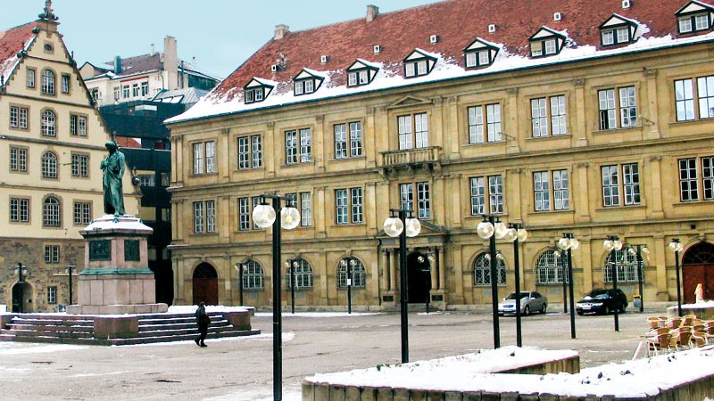 Prinzenbau on Schillerplatz Stuttgart with Stiftsfruchtkasten on the left and Schiller monument in the foreground